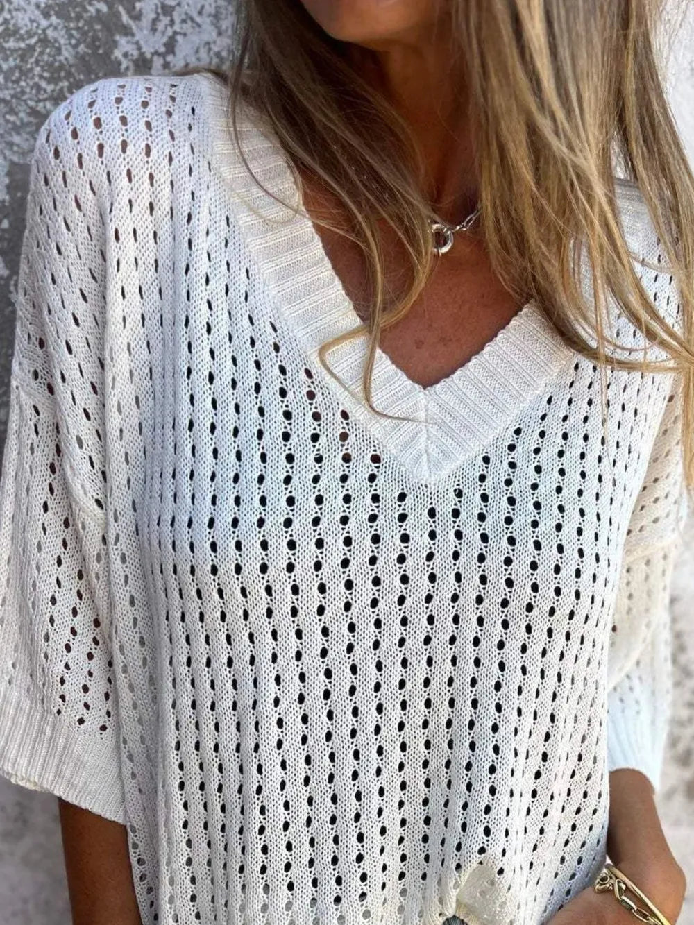 Women's Full Size Openwork V-Neck Knit