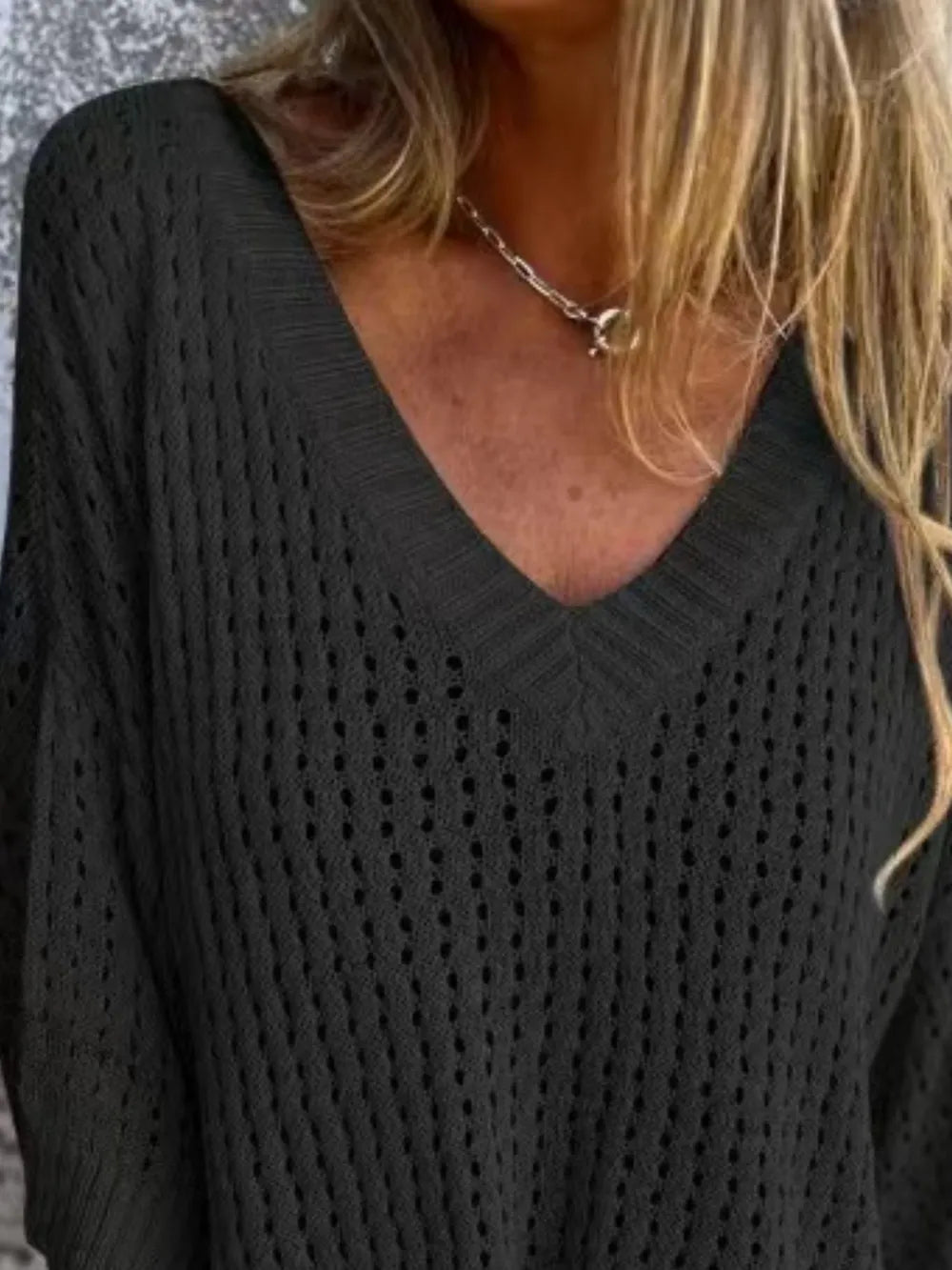 Women's Full Size Openwork V-Neck Knit