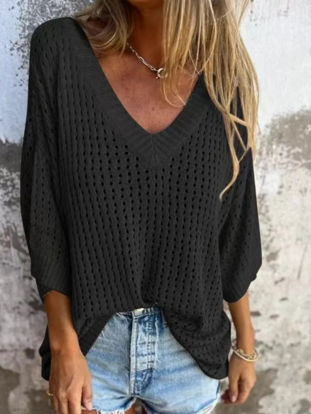 Women's Full Size Openwork V-Neck Knit