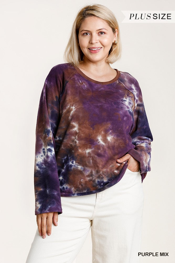 Women's French Terry Tie-dye Raglan Long Sleeve Top With Raw Hem