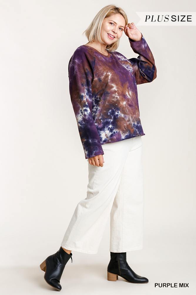 Women's French Terry Tie-dye Raglan Long Sleeve Top With Raw Hem