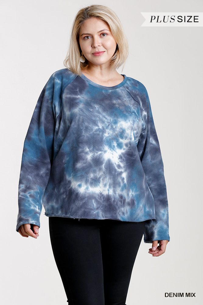 Women's French Terry Tie-dye Raglan Long Sleeve Top With Raw Hem
