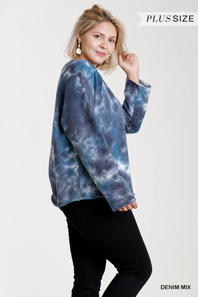 Women's French Terry Tie-dye Raglan Long Sleeve Top With Raw Hem