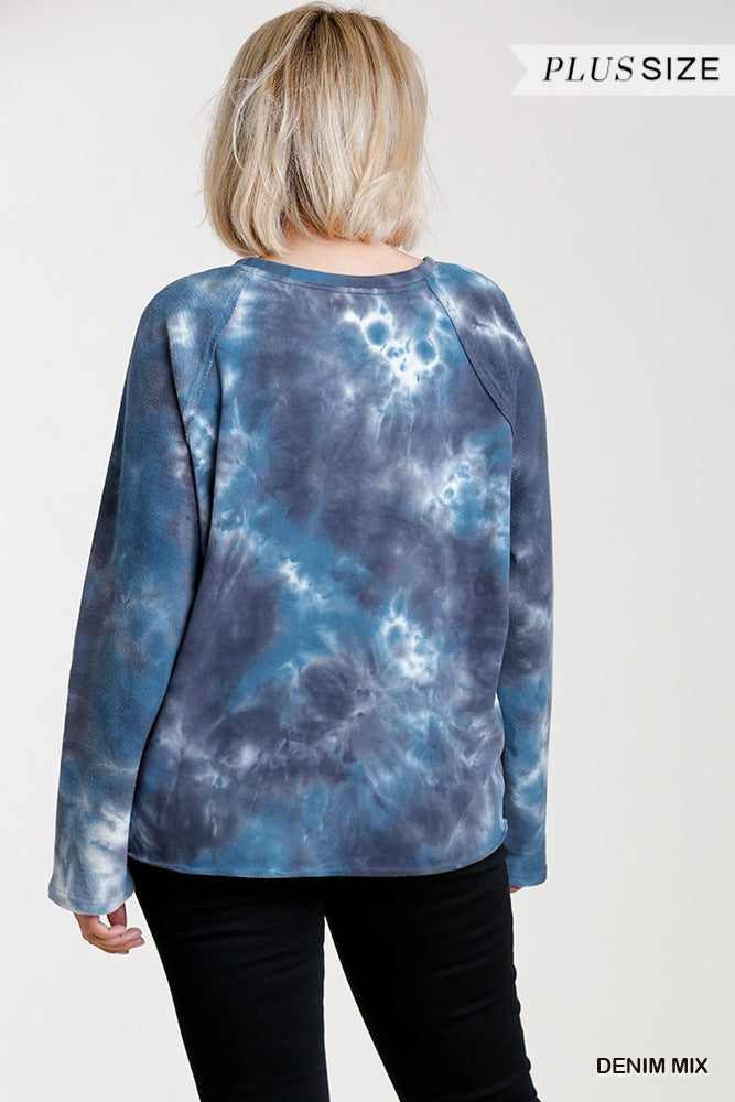 Women's French Terry Tie-dye Raglan Long Sleeve Top With Raw Hem