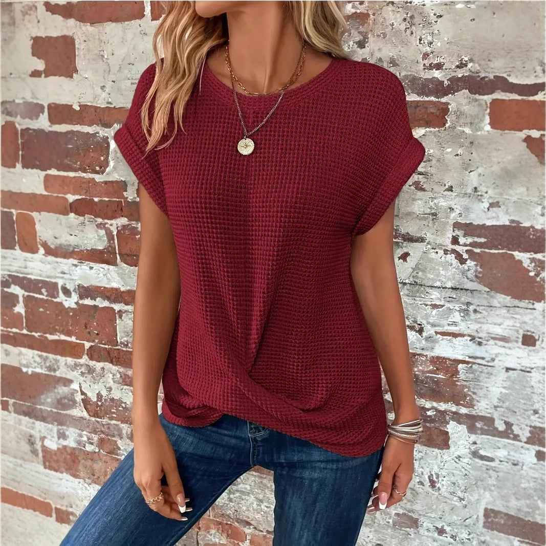Batwing Sleeve Twist Hem Waffle Knit Tee