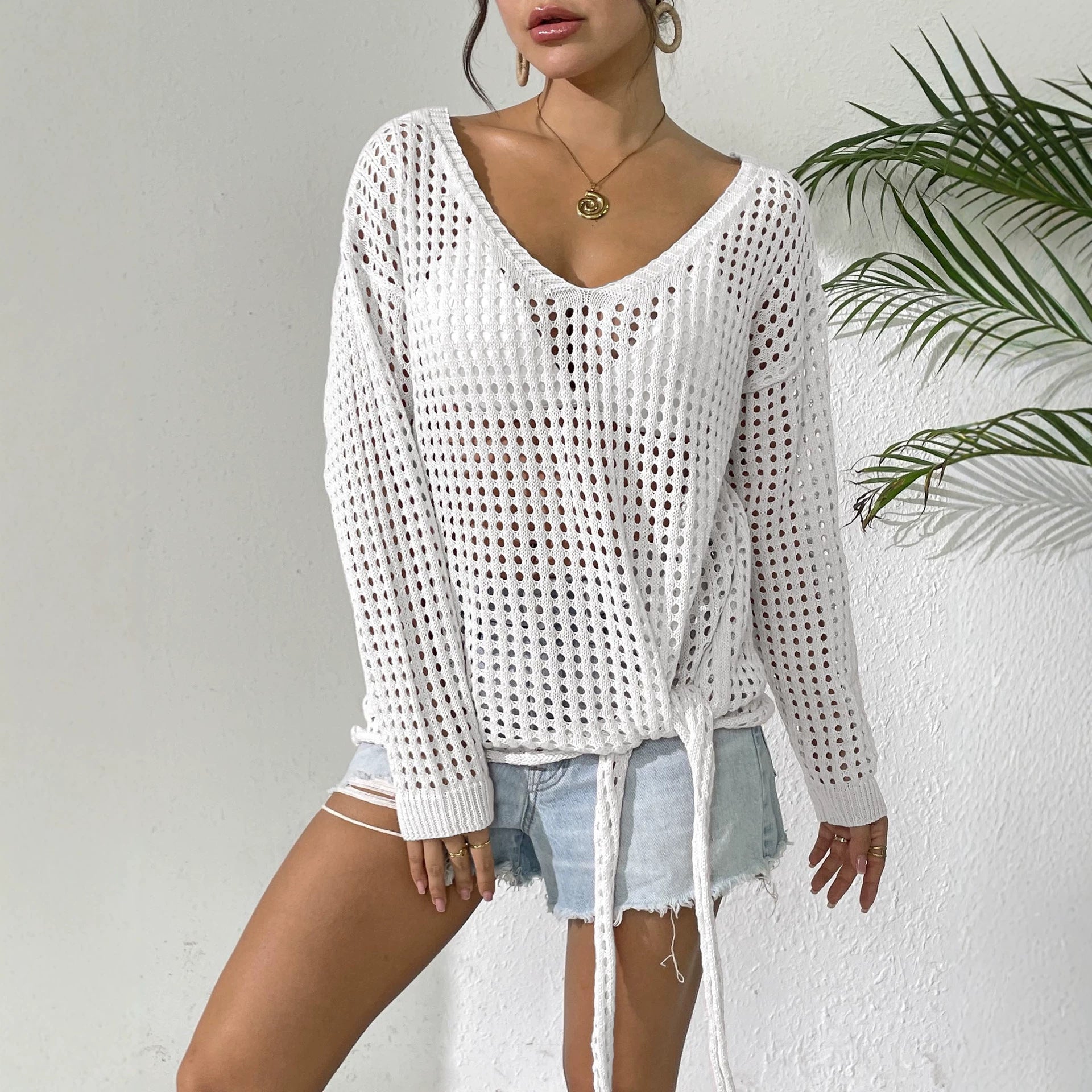 Women V Neck Top Hollow Out Cutout