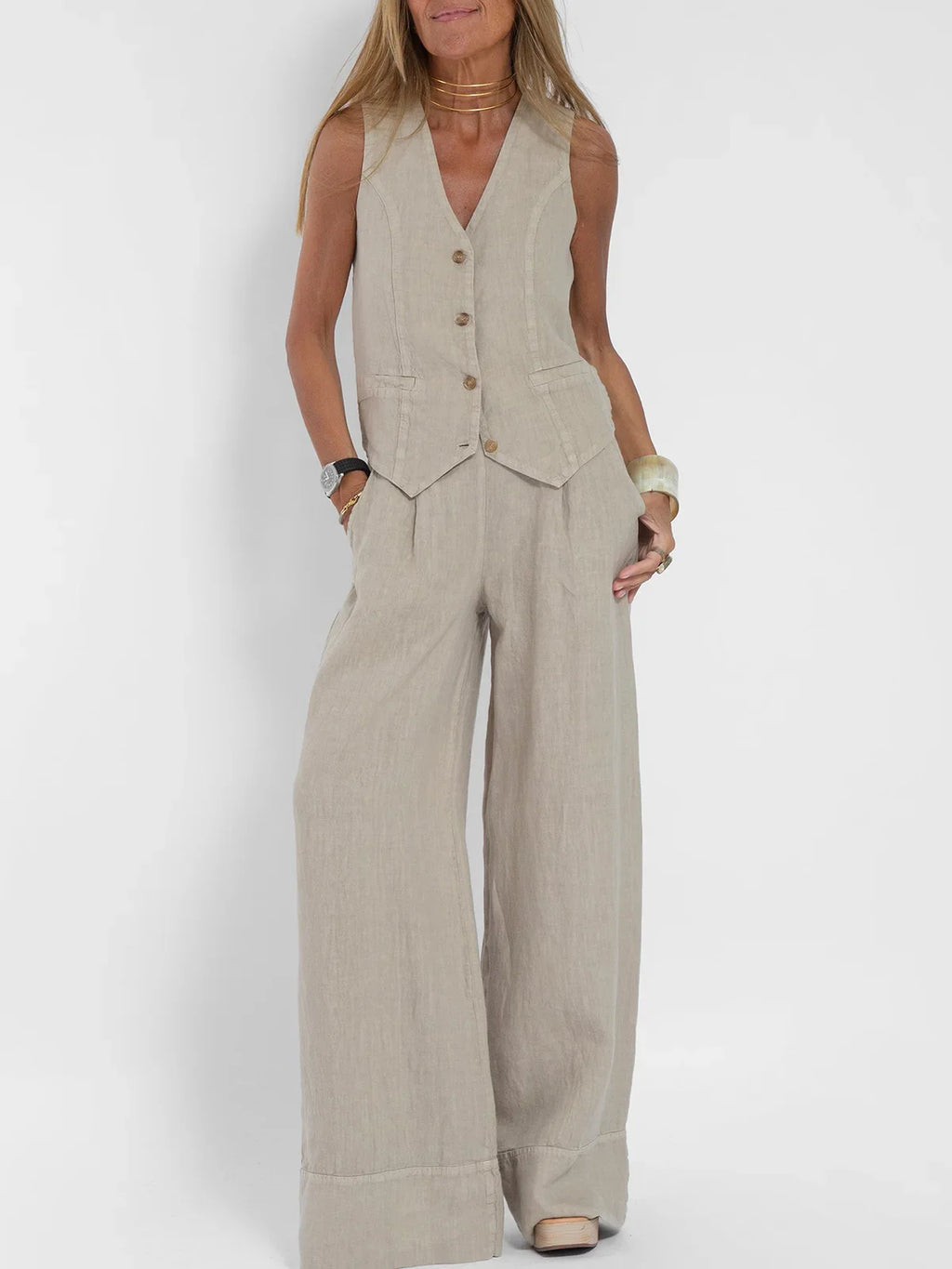 Women Sleeveless Vest – Colorblock Collage Pants Casual Suit