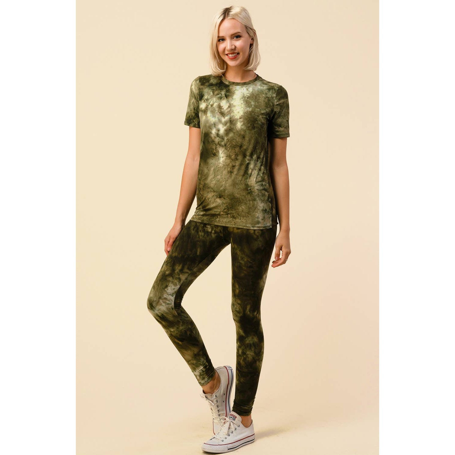 Tie Dye Round Neck Short Sleeve Top and Leggings Set  One Size