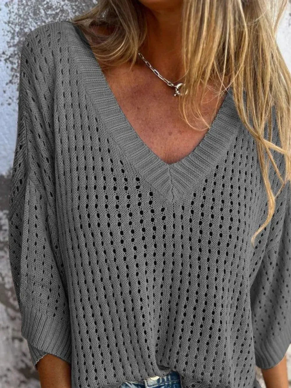 Women's Full Size Openwork V-Neck Knit