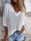Women's Full Size Openwork V-Neck Knit