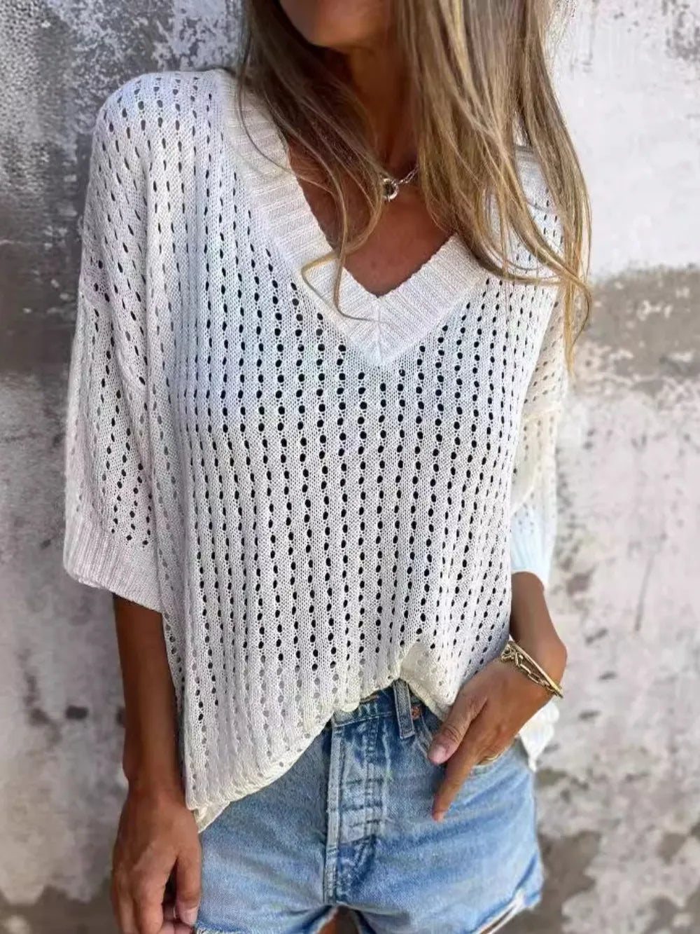 Women's Full Size Openwork V-Neck Knit
