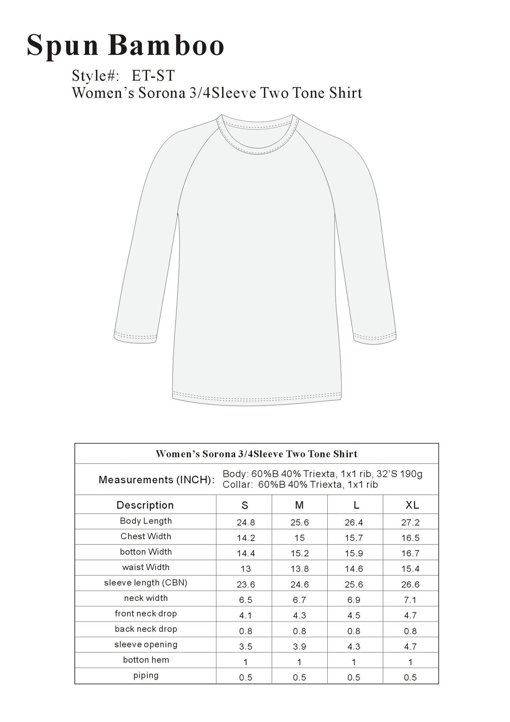 Women's Bamboo  3/4 Sleeve T-Shirt